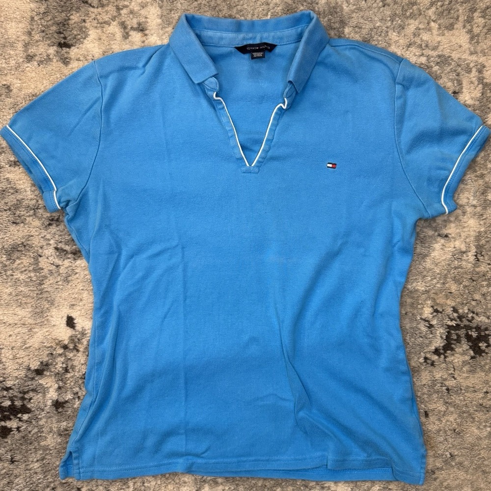 Tommy Hilfiger Womens L Blue Polo Shirt V-Neck Mini Flag Logo Short Sleeve